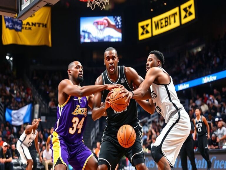 A split-image visual showing LeBron James in Lakers purple against Kevin Durant in Nets black, with the Staples Center and Ba