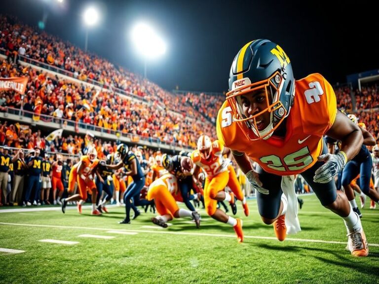 A vibrant stadium filled with fans wearing orange and maize, showcasing the spirit of college football on game day.