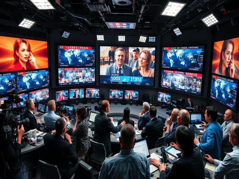 A split-screen image showing a BBC World News studio with a world map backdrop, anchors on one side, and international corres