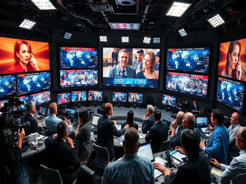 A split-screen image showing a BBC World News studio with a world map backdrop, anchors on one side, and international corres