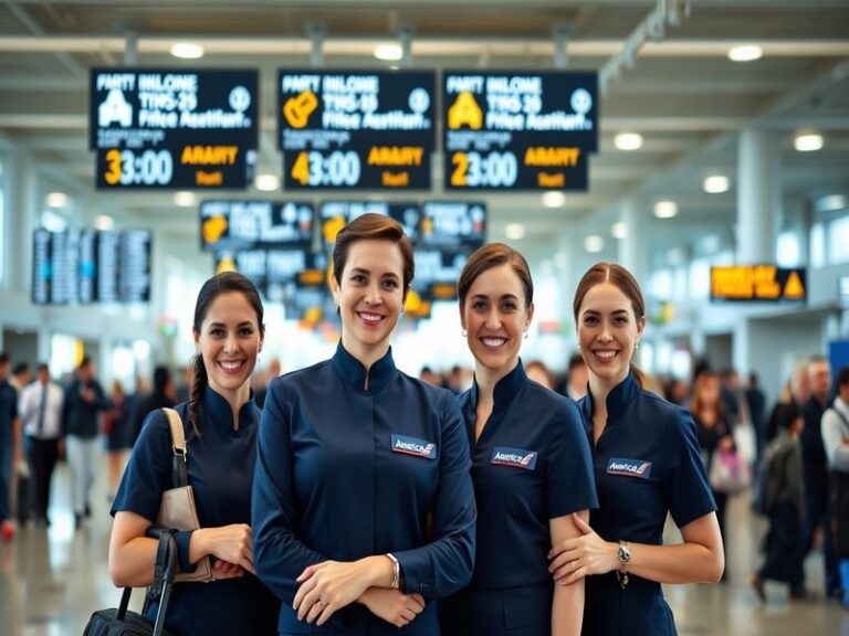 An image of an American Airlines flight attendant assisting passengers in the cabin, showcasing professionalism and warmth, w