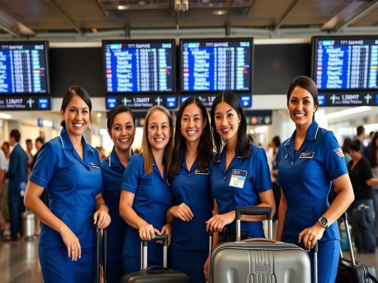 A smiling American Airlines flight attendant in uniform assisting a passenger with luggage in a modern airport terminal, with
