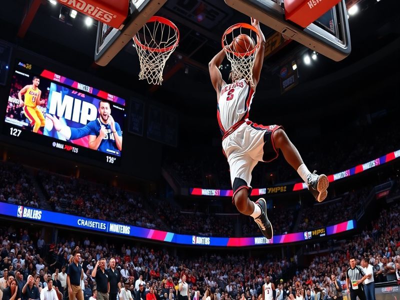 A dynamic image of an NBA player in action, showcasing athleticism and skill on the court, with a cheering crowd in the backg