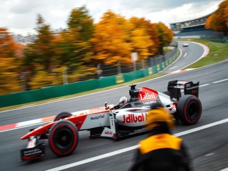 An aerial view of the Suzuka International Racing Course during an F1 qualifying session, showcasing the vibrant atmosphere a