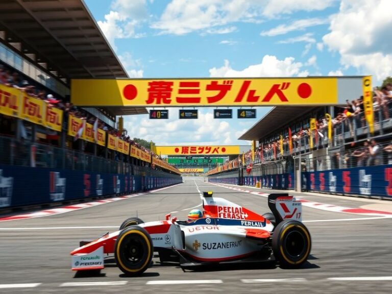 A vibrant scene from the Suzuka International Racing Course during an F1 race, showcasing enthusiastic fans, colorful team fl