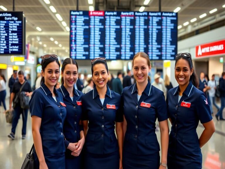 A smiling American Airlines flight attendant in uniform assisting a passenger with luggage in a modern airport terminal, with