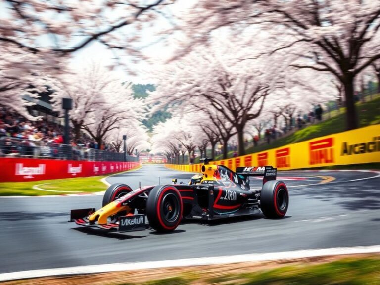 A vibrant scene from the Japanese Grand Prix showcasing enthusiastic fans, colorful banners, and the Suzuka Circuit under a c