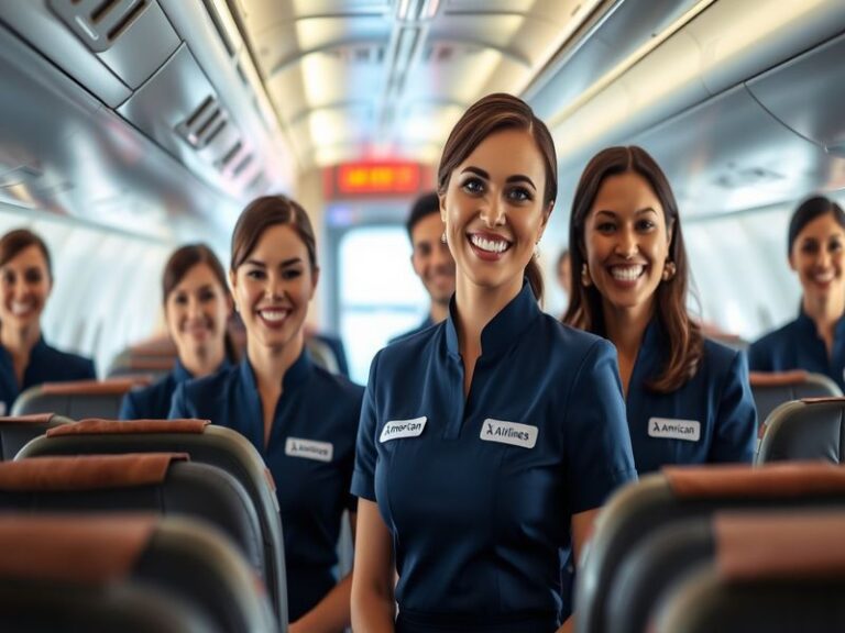 A diverse group of American Airlines flight attendants in uniform standing in the aisle of a modern aircraft, smiling at the