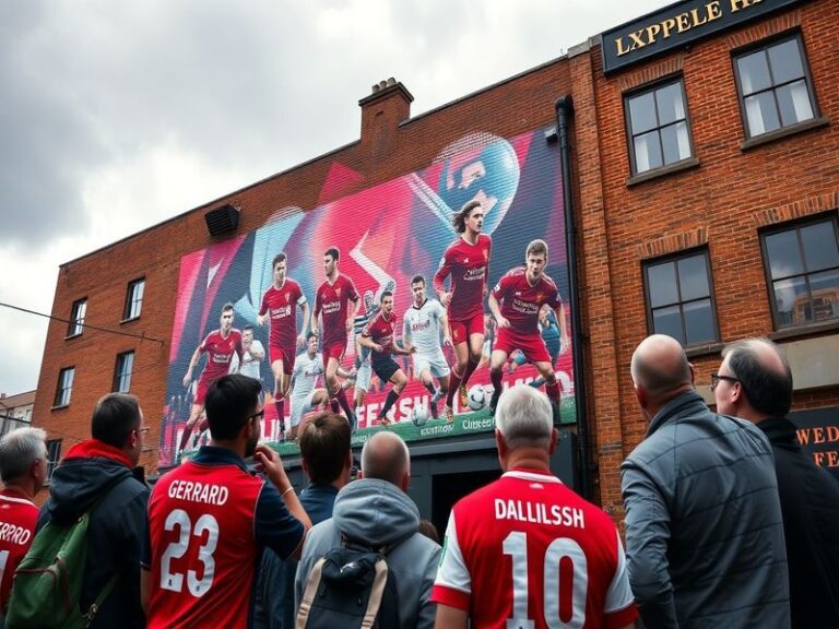 A vibrant collage featuring iconic Liverpool FC moments, including players celebrating victories, the Shankly Gates at Anfiel