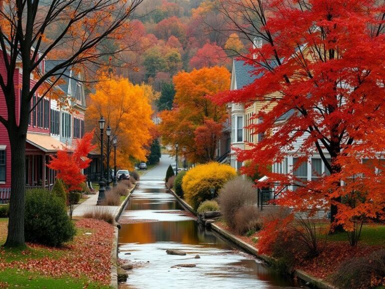 A scenic view of Stockbridge featuring lush greenery, the Stockbridge Bowl lake, and the Norman Rockwell Museum, capturing th