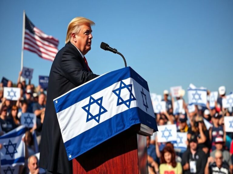 A split-image illustration: on the left, Donald Trump and Benjamin Netanyahu shaking hands with an Israeli and U.S. flag back