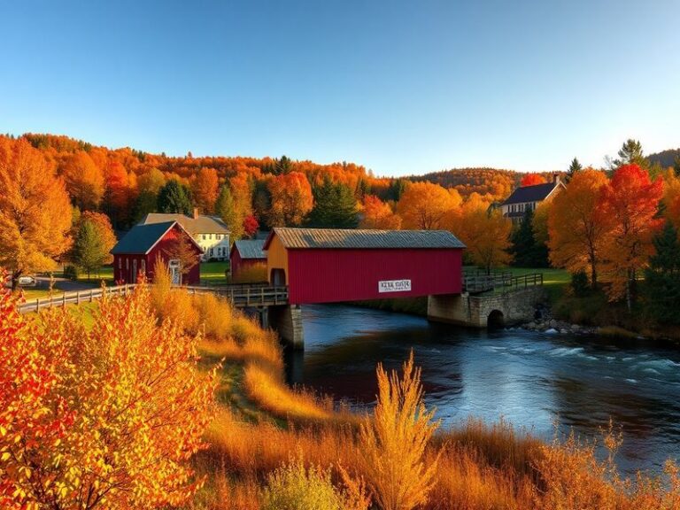 A scenic view of Stockbridge, showcasing its historic buildings, lush greenery, and the serene Stockbridge Bowl.