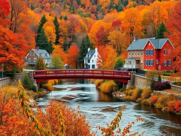 A scenic view of Stockbridge, Massachusetts, showcasing historic colonial homes and lush landscapes, evoking a sense of tranq