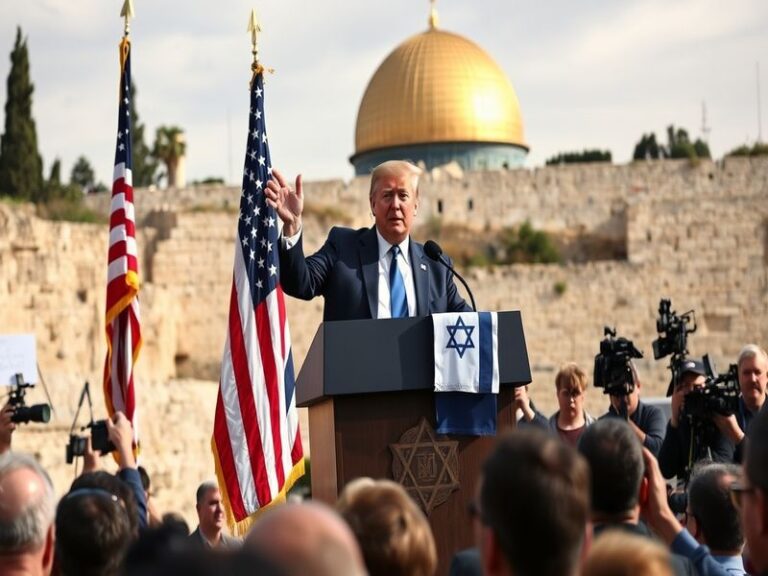 A split-image composition: on the left, Donald Trump and Benjamin Netanyahu shaking hands with an Israeli and American flag b