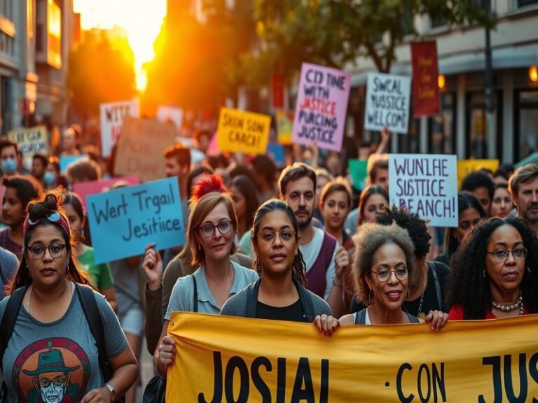 A vibrant crowd of diverse participants marching together, holding signs advocating for unity and social justice, set against