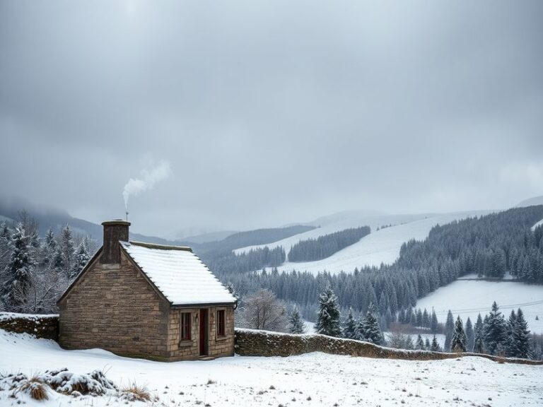 A panoramic shot of snow-covered Scottish Highlands near Aviemore, with a winding road partially cleared by snow plows under