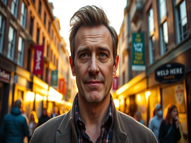 A portrait of Phil Dunster smiling, with a background of a football field, reflecting his role in 'Ted Lasso'.