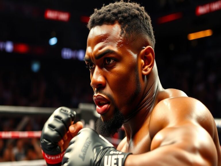 An action shot of Terrance McKinney in the octagon, showcasing his fighting stance, intense focus, and the energy of a live M