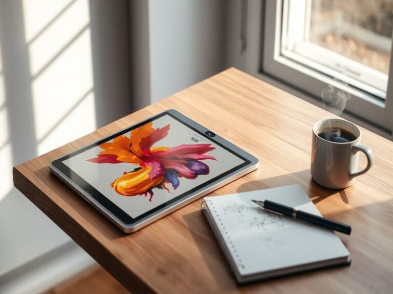 An image showing a modern Apple iPad on a stylish desk, with a sleek keyboard and Apple Pencil, in a well-lit, minimalist wor