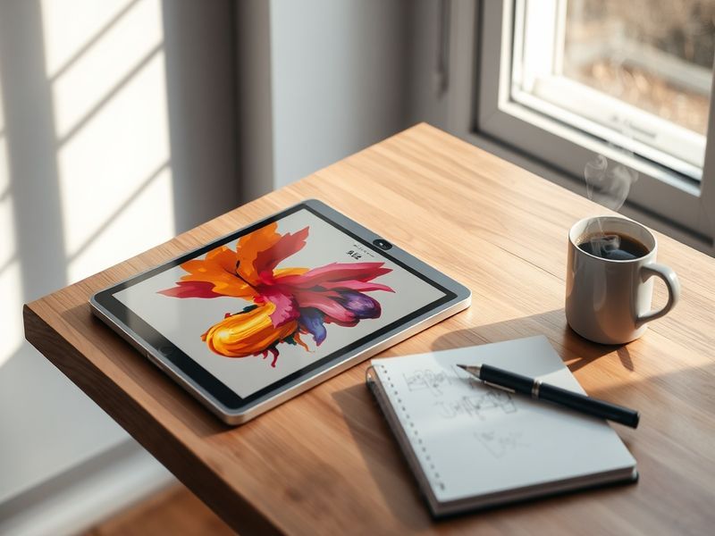An image showing a modern Apple iPad on a stylish desk, with a sleek keyboard and Apple Pencil, in a well-lit, minimalist wor
