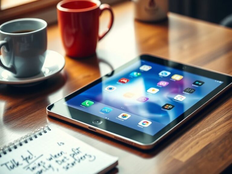 A sleek Apple iPad placed on a modern desk, showcasing its vibrant display and accessories such as the Apple Pencil and Magic