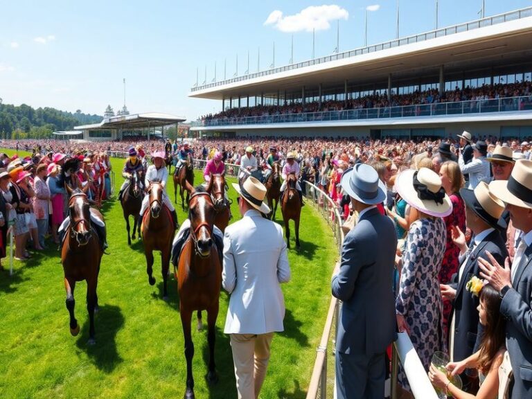 A vibrant scene of Aintree Racecourse filled with spectators, horses racing over fences, capturing the excitement of the Gran