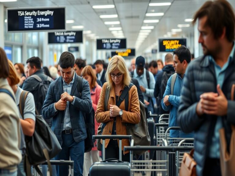 A busy airport terminal with travelers waiting in TSA lines, showcasing the hustle and bustle of air travel.