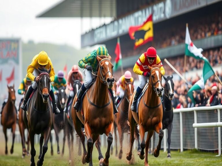 A vibrant scene from the Grand National, showcasing horses racing over jumps with a cheering crowd in the background. The atm