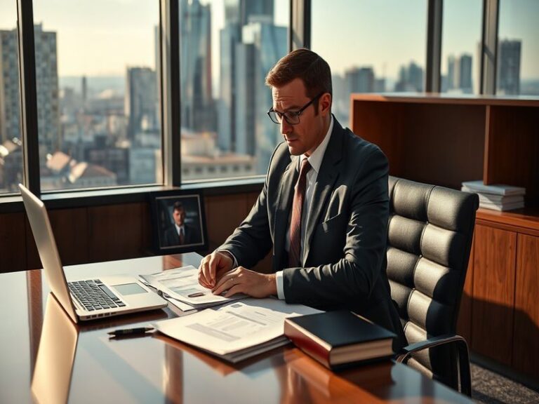 An attorney consulting with a client in an office setting, with legal documents and a laptop visible, conveying a professiona