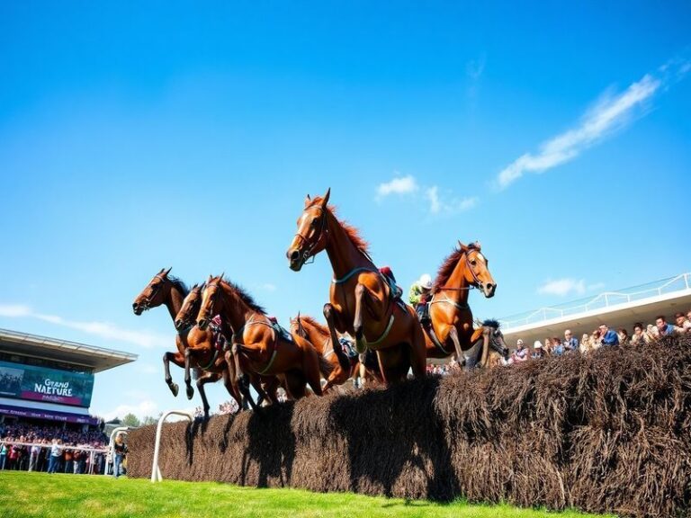 A vibrant scene at Aintree Racecourse during the Grand National, featuring jockeys in colorful silks racing over the famous B
