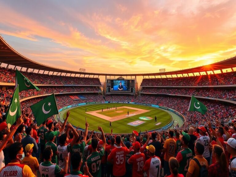 A vibrant stadium filled with fans, colorful banners, and players in action during a PSL match, capturing the excitement and