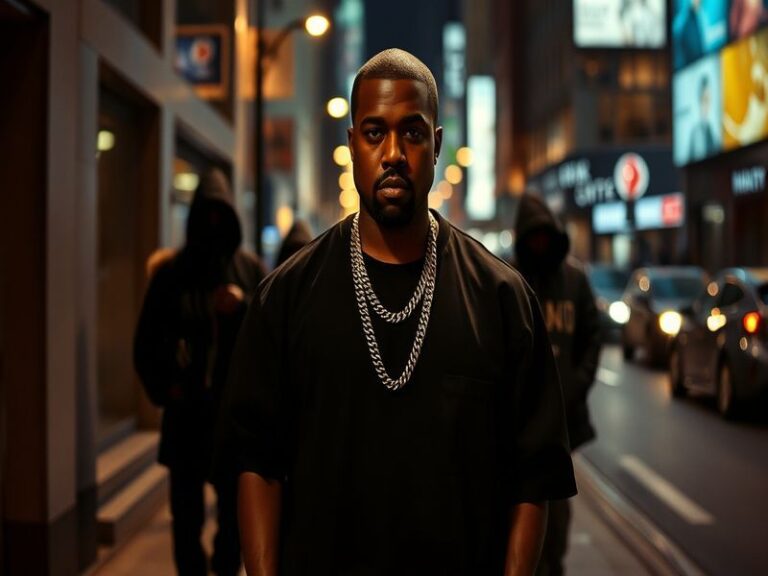 A dynamic image of Kanye West performing on stage, capturing his intense expression and the vibrant atmosphere of a live conc