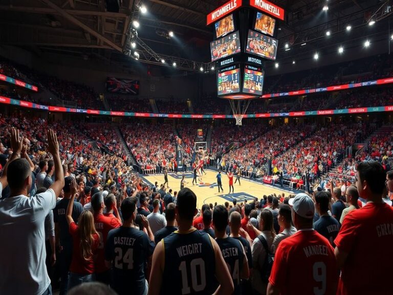 A split-screen image showing a tense NCAA basketball game in progress. On the left, a player in a Gonzaga uniform drives to t