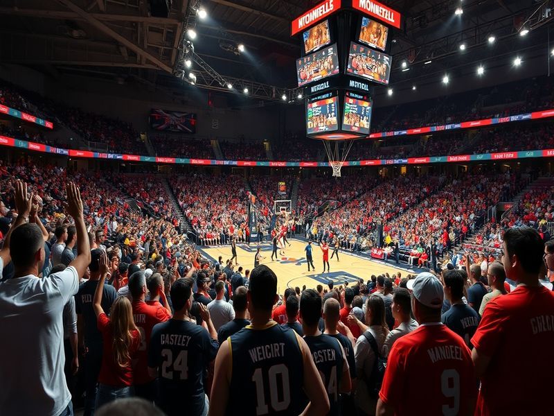 A split-screen image showing a tense NCAA basketball game in progress. On the left, a player in a Gonzaga uniform drives to t