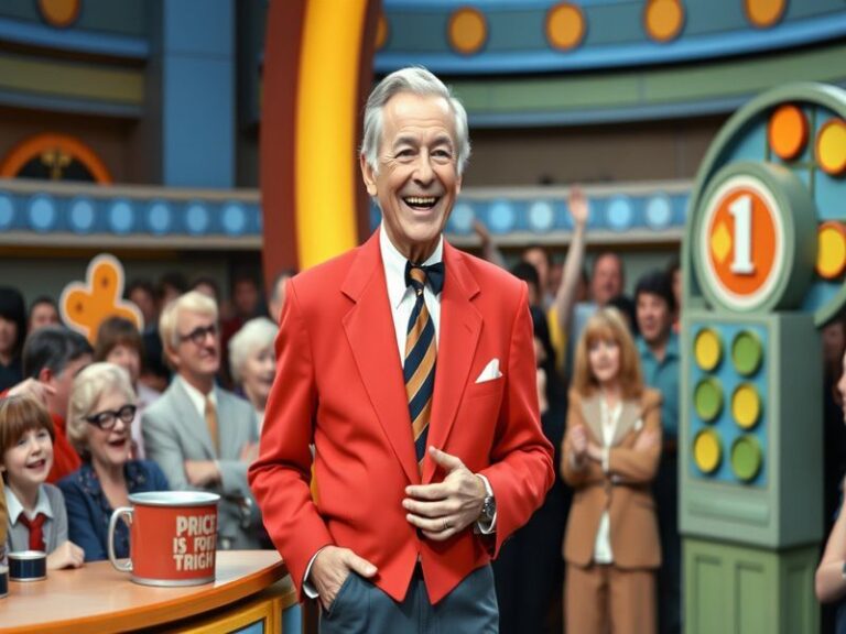 A still from the Bob Barker documentary featuring him in the studio, smiling warmly as he interacts with contestants, with vi