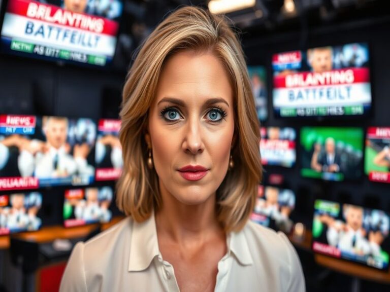 A professional portrait of Ashleigh Banfield in a news studio, dressed in business attire with a serious expression. The back
