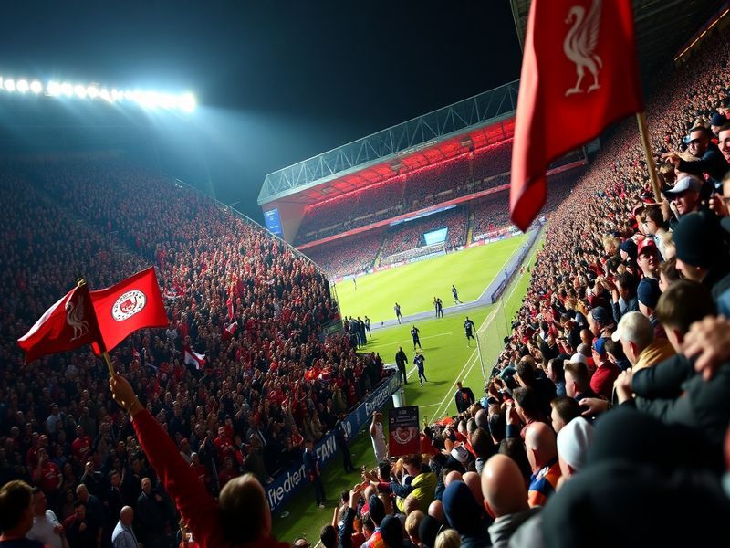 An intense scene from the Merseyside Derby, capturing passionate fans in vibrant team colors at Goodison Park, with players i