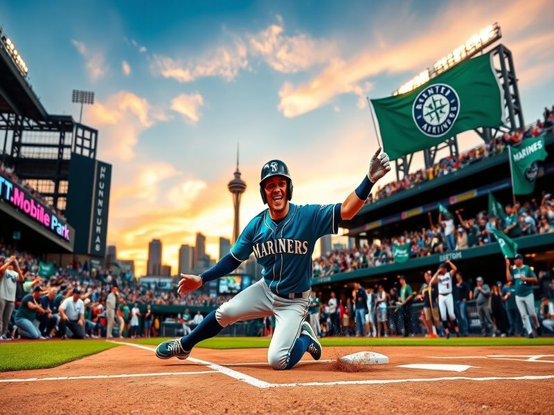 A vibrant image of Seattle Mariners players celebrating a victory on the field, capturing the excitement and camaraderie of t