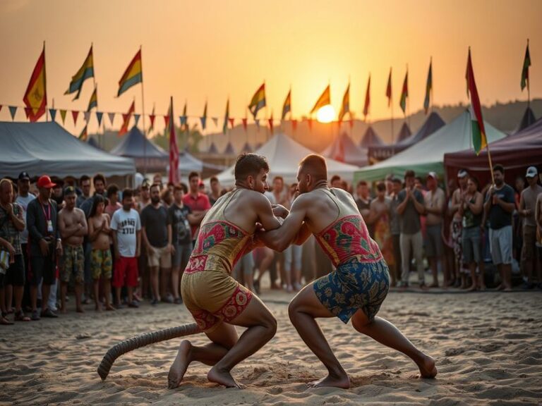 A dynamic scene of raf wrestling, showcasing two athletes in traditional attire grappling on a vibrant mat, surrounded by an
