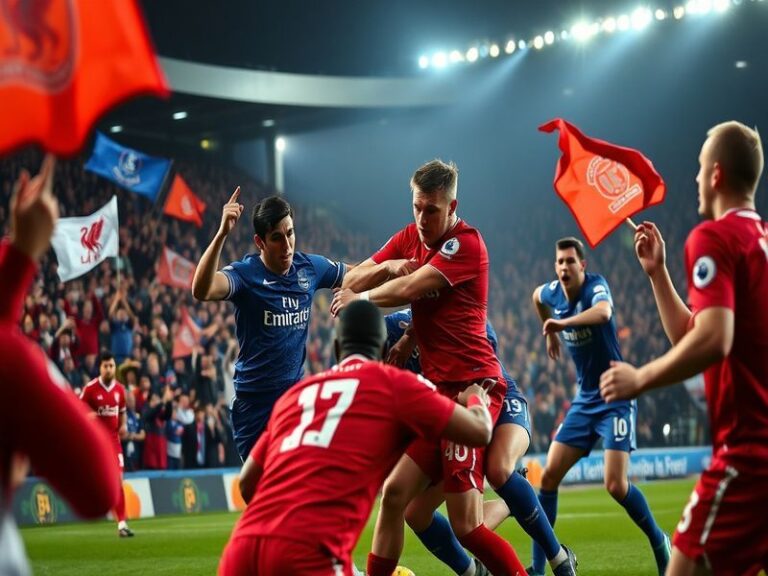 An intense scene from a Merseyside derby, showcasing passionate fans in Everton and Liverpool colors, with stadiums filled an