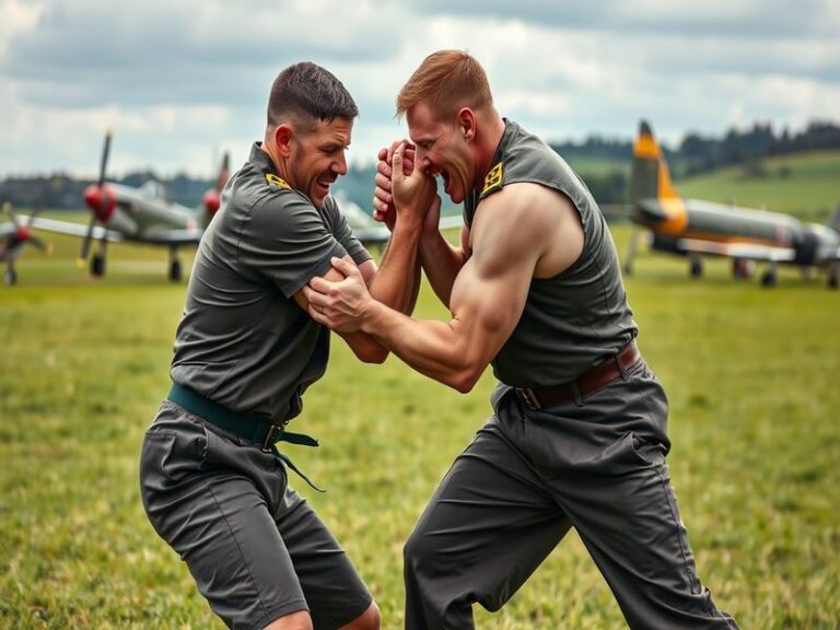 An action shot of raf wrestling, showcasing two athletes in traditional attire, engaged in a competitive match on a mat, surr