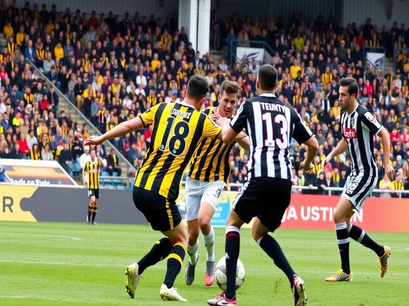 An action shot from a football match featuring players from Harrogate Town and Notts County, showcasing the intensity and pas