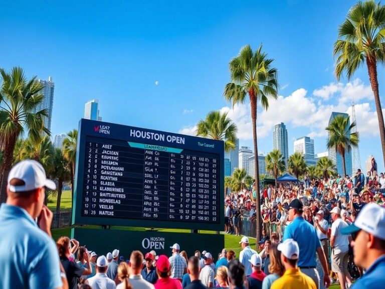 Aerial view of the 18th green at the Houston Open, with players in the final group preparing for a putt under bright sunlight