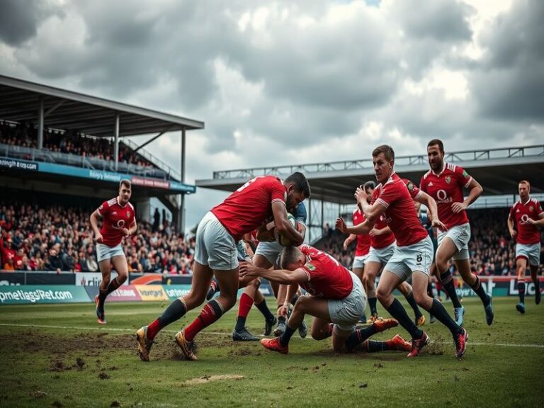 A vibrant match scene at Kingsholm Stadium, showcasing passionate fans in red and white, and players in action on the field.