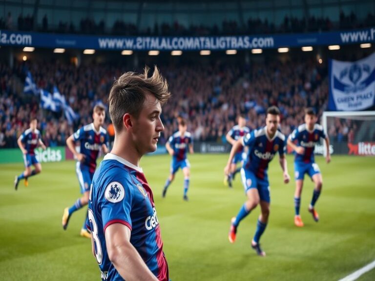 An action-packed scene from a Scottish football match, showcasing players in dynamic poses, the stadium filled with enthusias
