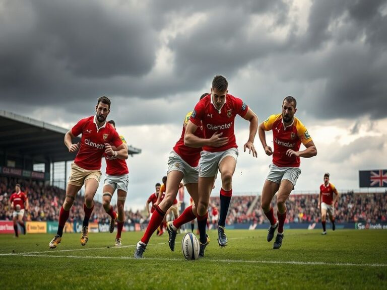 A dynamic rugby match scene featuring players from Gloucester and Leicester in action, showcasing intensity and athleticism.