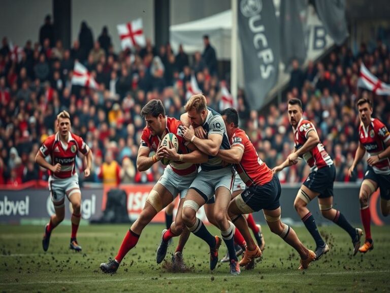 An action-packed rugby match between Gloucester and Leicester, showcasing players in vibrant team colors, the crowd cheering,