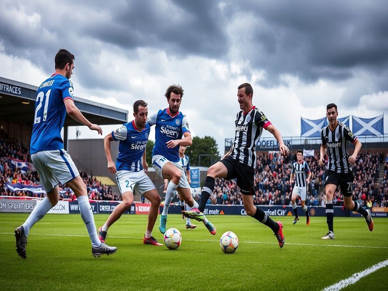 A vibrant image of a football pitch with players from St. Johnstone and Queen's Park competing, showcasing the intensity of t