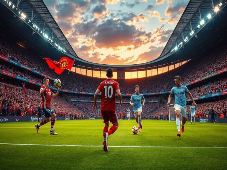 A vibrant scene from a Manchester derby, featuring passionate fans in team colors, stadium atmosphere, and action on the pitc
