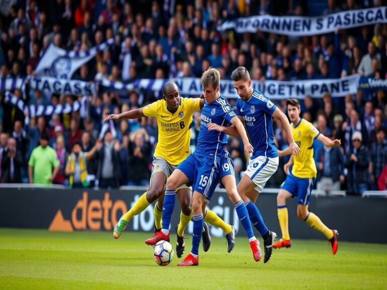 A vibrant football match scene showcasing St. Johnstone and Queen's Park players in action, with fans in the stands celebrati